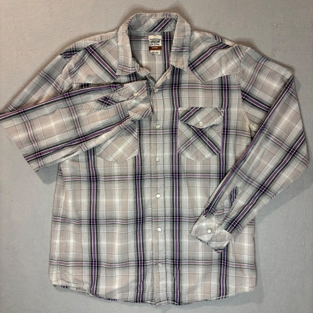 Signature by Levi Strauss Mens Western Pearl Snap Plaid Shirt Large Purple Grey